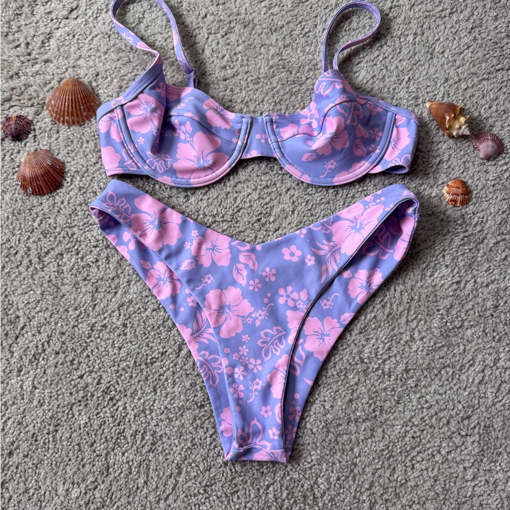 Kulani Kinis Hibiscus Haze Floral Purple and Pink Bikini Set
